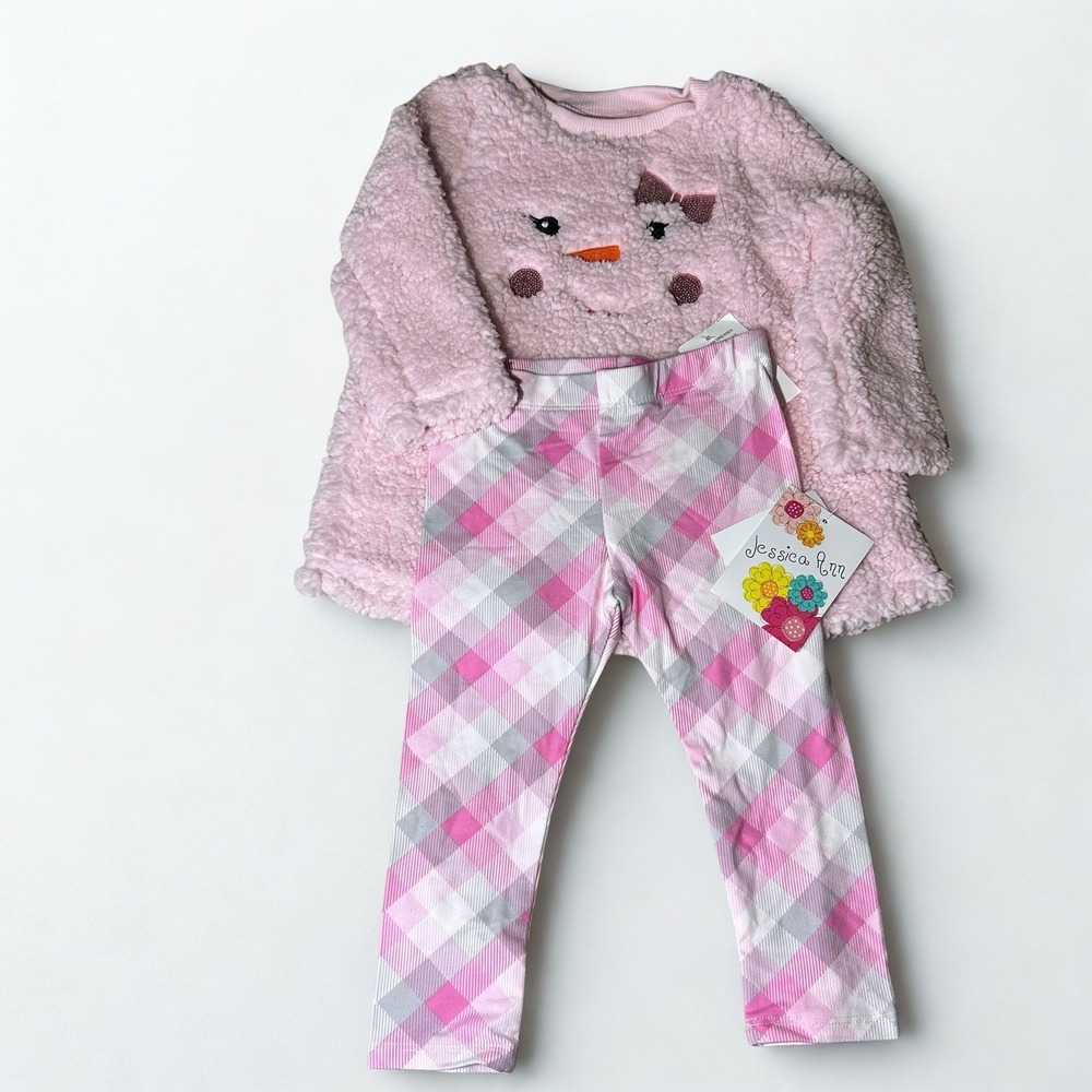 Jessica Ann Toddler Girls 2T Snowman Sherpa Fleece Top Plaid Leggings Set Pink
